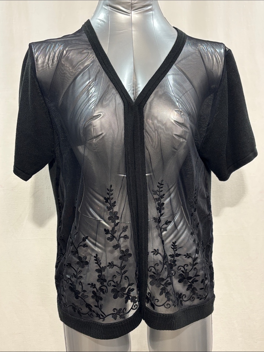 Sheer Black Short-Sleeve Embroidered Cardigan 224 formal party overlay Office